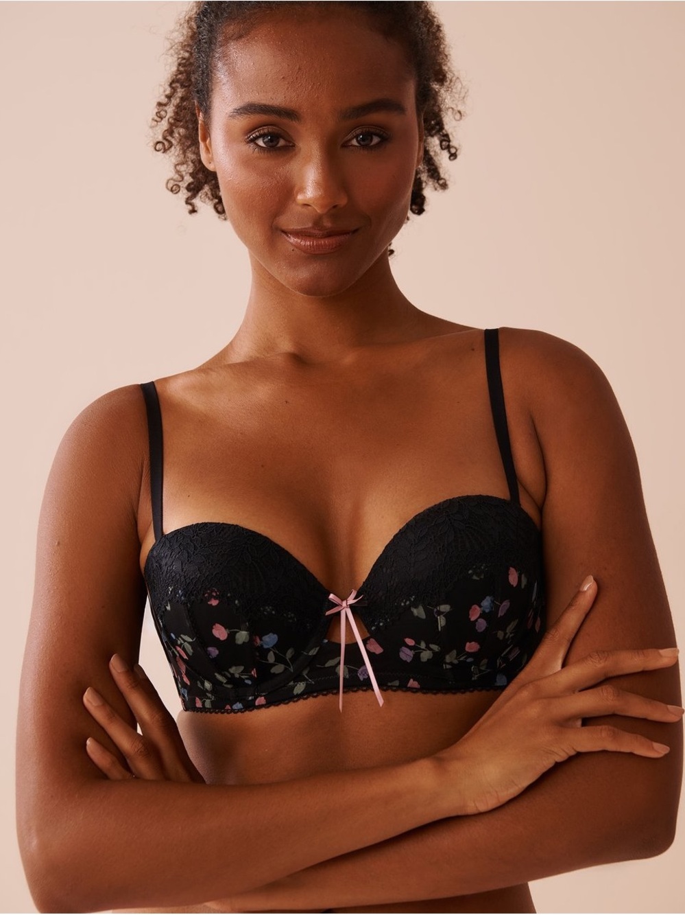 3Way Convertible Demi Push Up Black Lace Strapless Bra Floral la Vie En Rose 34D